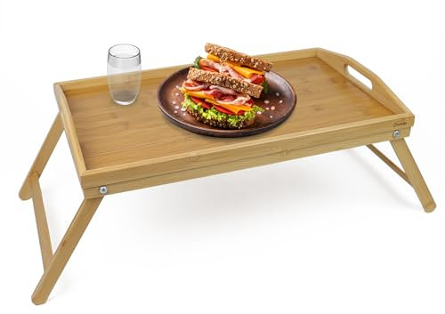 DIVCHI Plateau de Lit en Bambou Avec Poignées et Pieds Pliables - Multifonction et Bureau Debout pour Petit Déjeuner au Lit, Canapé, Travail, Service, Dessin