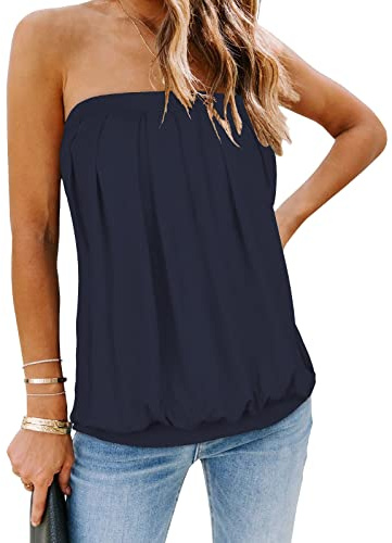 Womens Tube Tops Summer Strapless Bandeau Sleeveless Pleated Cover Up | soft and breathable, stretchy backless vest, pleated front and off shoulder design, casual tank tops for summer lounging