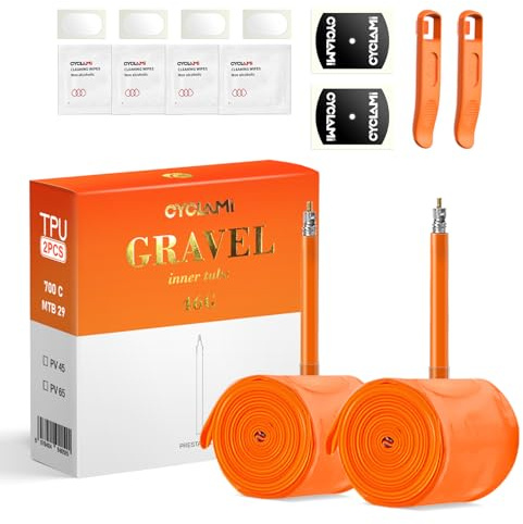CYCLAMI TPU Gravel/MTB Inner Tube, 700C x 32-47 Gravel & 26/27.5/29X1.9-2.5 Mountain Bike, 2PCS TPU Bike Inner Tube for Mountain Bike(Include 2 Tyre levers) (2P-Gravel-FV:45mm)