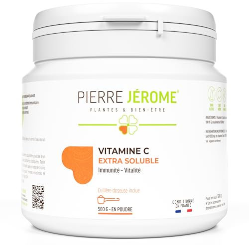 Vitamine C en Poudre Extra Soluble Pierre Jérôme - Acide L-Ascorbique Pur et Naturel - Complément Alimentaire Immunité, Energie, Stress - 500 G - 500 Jours