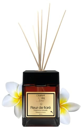 L'Instant des Sens Diffuseur de Parfum par Capillarité Maison - Diffuseur à Bâtonnets - Senteur Longue Durée - Parfum d'Ambiance Maison - Fabriqué en France (250ml, Fleur de Tiaré)