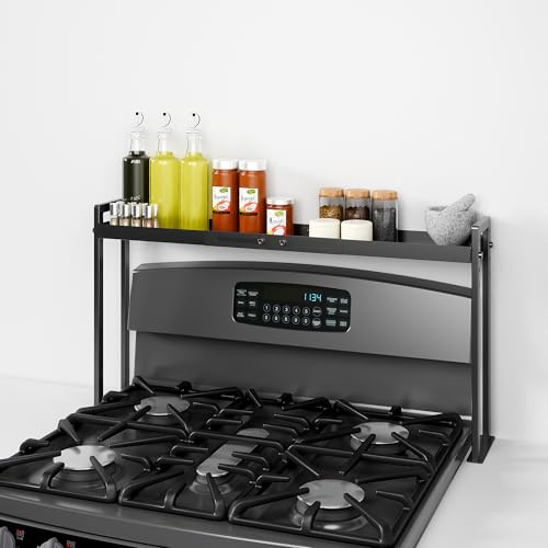 Bumusty Adjustable Stove Top Shelf – Expandable 4-Level Spice Rack and Kitchen Countertop Organizer, Anti-Slip Metal, 27–33 Length, 11–14 Height, Black