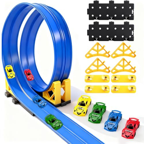 Pista de Coches de Carreras, Blue Track Classic Pista Flexible con 4 Vehículos de Aleación y 4 Ventosas, Juego de Pistas de Carreras, Circuito Coches Flexible para Niños y Niñas