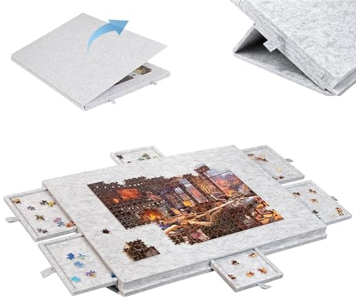 Jinfanshurich Mesa de rompecabezas inclinable con soporte y cubierta 2 en 1, tablero de rompecabezas portátil con 6 cajones, almacenamiento plegable para adultos y niños, adecuado para hasta 1000