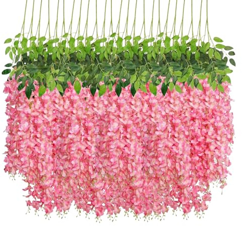 12 stycken konstgjorda blåregn | 110 cm lång, hängande sidenblomkrans med trippelhandtag | för bröllop, fest, räcke och heminredning inomhus/utomhus (rosa)