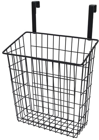 Cesta colgante de metal negro para puertas de armario – 39 x 25 cm – Organizador de armario para colgar – Cesta de alambre organizador para estante, armario, cocina, baño, oficina
