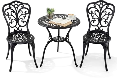 COSTWAY Set Tavolino e Sedie in Alluminio 3 Pezzi, Set Bistro da Esterno con Foro per Ombrellone, Mobili da Giardino per Cortile Patio Terrazza (Modello 3)