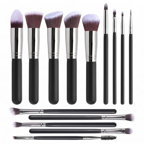 WUMZIRA Brochas de Maquillaje Profesional Set de 14 Piezas, Juego de Pinceles de Maquillaje para Base, Polvos, Sombras y Corrector, Cerdas Sintéticas Suaves, Negro y Plata