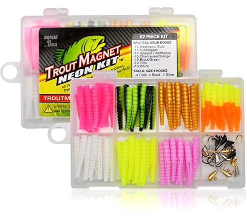 Trout Magnet 82 Piece Neon Fishing Kit, Catches All Types of Fish, Includes 70 Grub Bodies And 12 Size 8 Hooks, Orange,Green,White,Silver