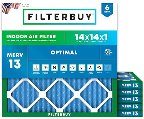 Filterbuy 14 x 14 x 1 luftfilter MERV 13 optimalt rök- och allergiförsvar (6-pack), elektrostatiskt veckad HVAC ugnsfilter, tillverkad i USA (faktisk storlek: 13,75 x 13,75 x 0,75)