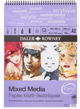Daler-Rowney Optima Mixed Media Lightly Textured 1.4mm Thick A2 Art Board Pad, Glued 1 Side, 10 White Sheets, Ideal for Professional Artists & Students