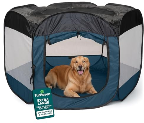 FurHaven Portable Pet Playpen for Dogs & Cats, Extra Large Indoor Kitten Playpen with Mesh Sides, Foldable Dog Playpen for Large Dogs, Pop Up Travel Dog Pen, X-Large, Sailor Blue
