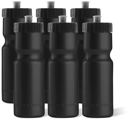 50 Strong Sports Water Bottles 6-Pack – Reusable 22 oz BPA-Free Plastic Bottles with Pull Top Cap – Made in USA – Top Rack Dishwasher Safe – Fits Most Bike Cages Brand - Black