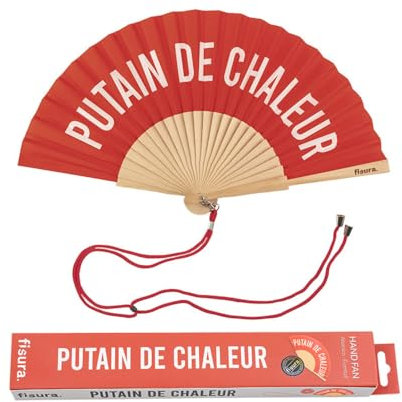 fisura. - Éventail Original Rouge avec Message p*tain de Chaleur. Eventail en Bois Moderne et Amusant. Éventail Rouge. Dimensions : 42,5 x 23. Matériau : Bois et Textile.