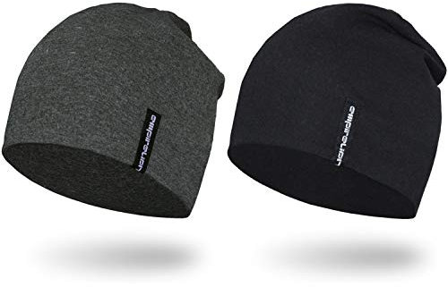 EMPIRELION 9 Leicht Stricken Mützen Hüte,Helm Liner Laufen Scheitelkäppchen Schlafen Kappen für Damen Herren (Schwarz+Dunkelgraues Melange)