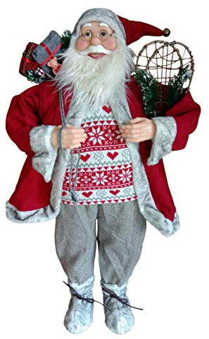 Garden Market Place Grande figurine de Père Noël de 90 cm de haut avec sac de jouets et raquettes à neige – Style rustique Père Noël