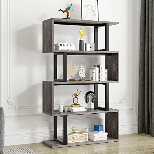 YITAHOME 5-Tier Bookcase, Bookshelves and Shelving Units, Modern Freestanding Multifunctional Decorative Storage Shelving for Bedroom Living Room Home Office, S-Shaped Bookshelf,30X80X145CM (Grey)