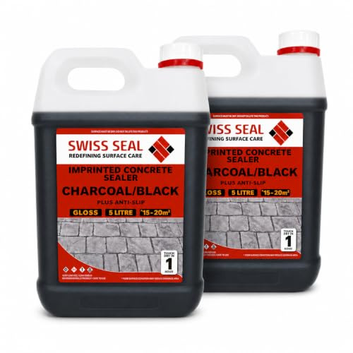 Swiss Seal | CHARCOAL/BLACK Coloured Imprinted Concrete Sealer GLOSS FINISH + ANTI-SLIP | Colour Tinted Driveway & Patio Seal - Wet Look | Colour Tint Sealant For Outdoor Concrete Floor (2 x 5 Litre)