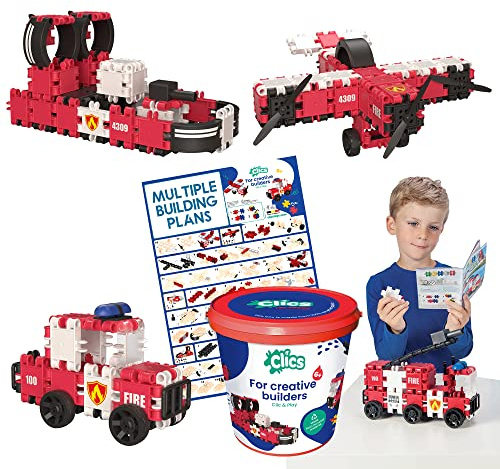 Clics Fire Edition – byggleksak för barn från 3 år, kreativ pedagogisk leksak i 127 delar, byggstenar för flickor och pojkar, Montessori STEM-leksaker, hållbara leksaker