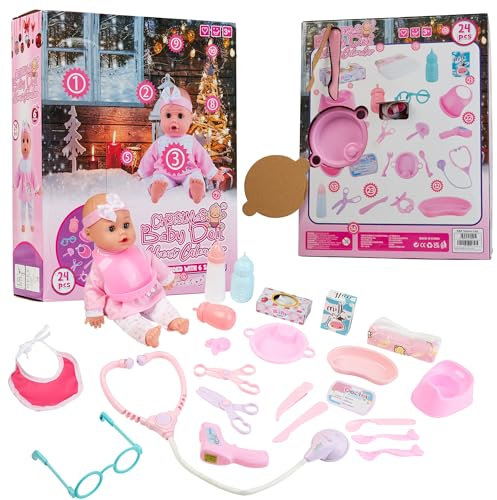 KreativeKraft Adventskalender 2025 Mädchen Countdown Kalender 24 Mini Geschenke Baby Puppe mit Puppen Zubehör Geschenk für Mädchen