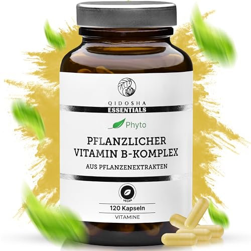 QIDOSHA® Vitamin B Komplex aus Pflanzenextrakten, 100% natürlich, 120 Kapseln im Apothekerglas, Vitamin B Komplex pflanzlich, alle 8 B-Vitamine aus 11 Pflanzenextrakten gewonnen, deutsche Fertigung