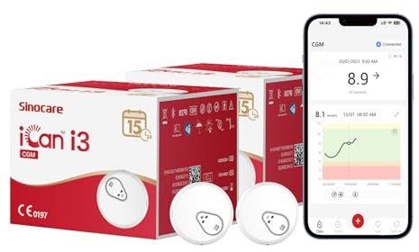 sinocare iCan Continuous Glucose Monitoring System, Equipped with iCan CGM APP, Output Every 3 Minutes, Less Finger Pricks, 15-Day Wear-life, for Diabetes Management, Pack × 2