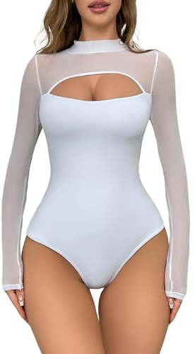 EVELIFE Body de manga larga para mujer, sexy, lencería, top, blusa, osito, una pieza, ropa interior, tops elegantes, Blanco, S