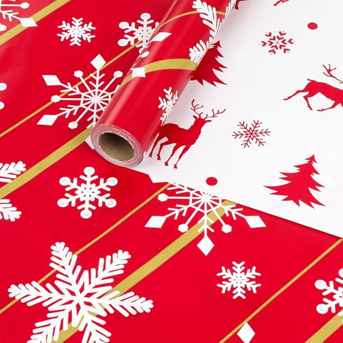 Christmas Gift Wrapping Paper Roll,43cm*15m,Red Snowflake Reversible | Gift Wrapping Paper For Kids Adults Xmas New Year Winter Holiday