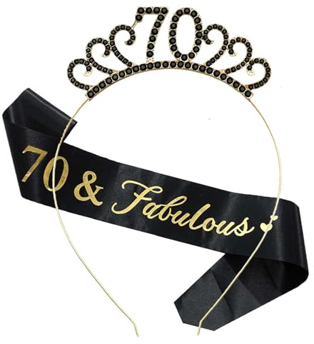 MIOSJI 70th Birthday Sash and Crystal Tiara Birthday Crown for 70th Birthday Decorations Women Birthday Gift Party Accessories