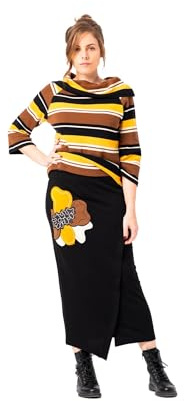 Mamatayoe Performance. Falda Midi de Mujer de Color Negro con Detalles Bordados para Otoño Invierno. Falda Recta a Media Pierna de Punto Roma con Abertura Delantera y Cinturilla Elástica. Talla S