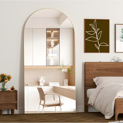 NEUWEABY Specchio a figura intera, 180 x 80 cm specchio ad arco da terra con supporto da appendere o appoggiato alla parete per ingresso camera da letto, soggiorno,Oro