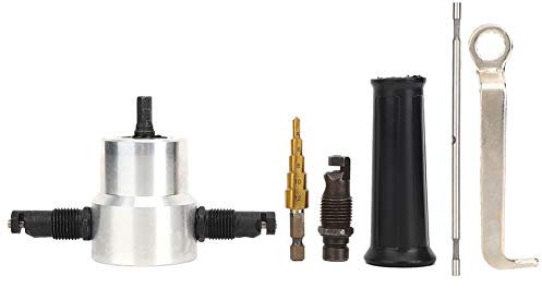 Cortadora de láminas de metal, 6 piezas, cortadora de láminas de metal de doble cabezal, kit de accesorios de taladro de sierra perforadora, tamaño del cuerpo de la cortadora aprox. 130 x 60 mm con