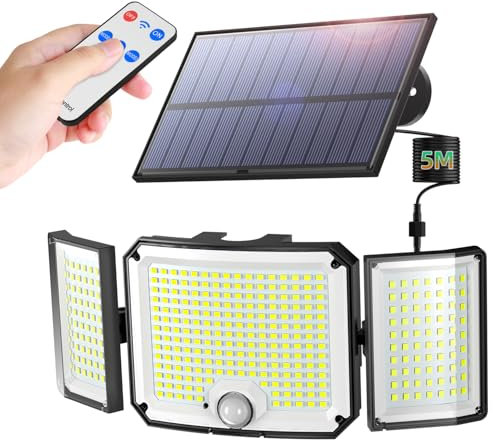 WeBeqer Lampe Solaire Exterieur avec Télécommande, 346 LED Lumière Solaire Extérieure Détecteur de Mouvement Solaire IP65 Eclairage Exterieur Solaire, LED Spot Solaire avec Câble de 5M
