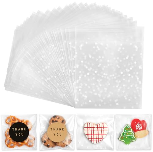 Vortify 100 pcs Self-adhesive Dot Cellophane Bags, 10 x 10 cm Clear Cookie Bags with Thank You Stickers Small Frosted Plastic Package for Biscuit Sweet Chocolates Candy Gifts