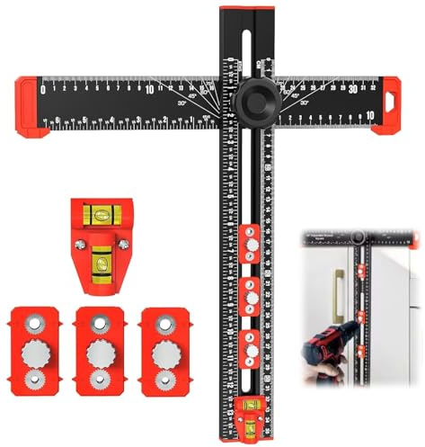 4-in-1 Drilling Positioning Ruler, Multifunctional T Square Woodworking Ruler, Cabinet Hardware Jig, Adjustable 13.78in Marking Gauge Tools for Woodworking, Cabinet Drawer Door Hole Drilling Template