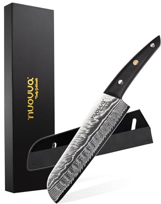nuovva Professional Kitchen Santoku Knife – 7 Inch High Carbon Damascus Chefs Knife – Ultra-Sharp 67 Layer Steel Japanese Knives – Hand Polished Rosewood Handle – Sheath & Gift Box Included