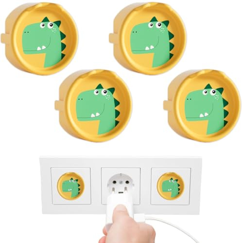Paquete de 4 protector enchufes para bebes, Silicona con Dibujo de Dinosaurio tapa enchufes para bebes, Antipolvo, Resistente a Niños (Amarillo).