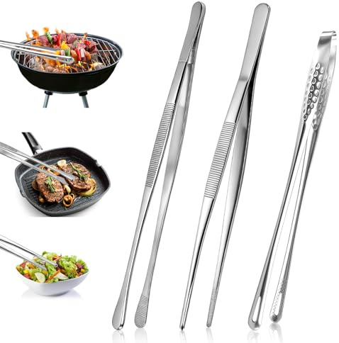 3 Stück Kochpinzette Edelstahl Profi Küchenpinzette Grillpinzette Fleischpinzette Lange Pinzette Kochen für Kochen Grillen Essen Servieren - 30cm und 28cm