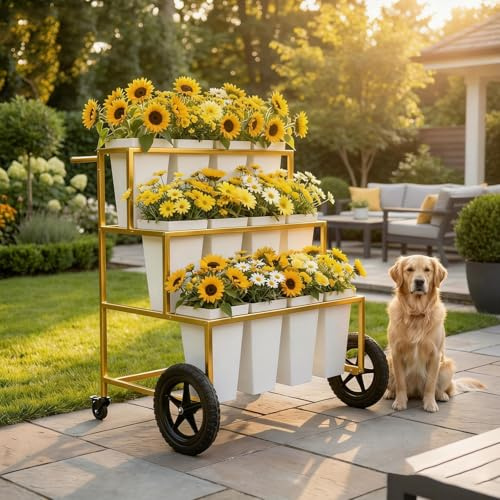 VITNSVILE Mobile Metal Flower Plant Stand, 360° Rolling Flower Display Stand for Indoor Outdoor, Space Saving Flower Bar Stand for Patio, Garden Event White, Black, Gold (Gold L33.4*W31.4*H*40.5in)