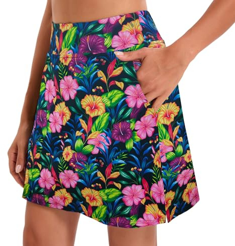 Oyamiki Skorts - Gonna da tennis sportiva da donna, con pantaloncini, tasche casual, gonna da golf, a vita alta, per allenamento estivo, Fiore Giallo Rosa, S