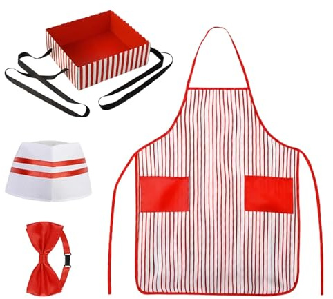 MJEyed Disfraz de vendedora de palomitas de maíz, 3 piezas, delantal rojo y blanco a rayas, con gorro y pajarita de los años 50, para mujer, talla única