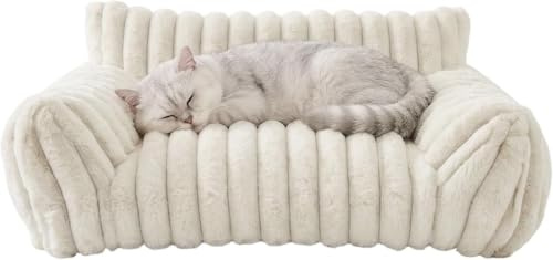 Panier Orthopédique pour Chat,Lit Chien Peluche de lapin,60x45x20cm | Canapé chat lavable amovible,Entourée de trois côtés,Fond Anti-Dérapant,pour aux chats et aux petits chiens,Blanc