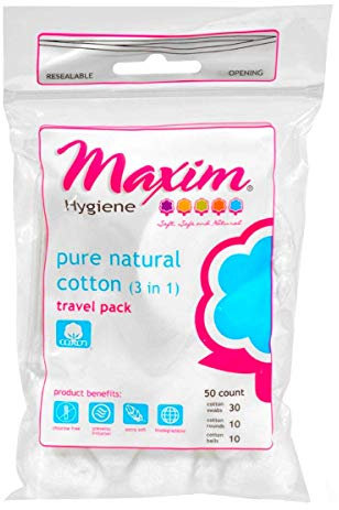 Maxim Hygiene Products 3 in 1 Pure Travel Pack, Cotton Swabs, Rounds and Balls, 50 Count
