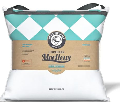 Petit Meunier Oreiller Microfibre Moelleux mi-Ferme 60x60 cm – Confort équilibré léger Respirant – Anti-acariens hypoallergénique – Entretien Facile – Confection Artisanale en Bourgogne