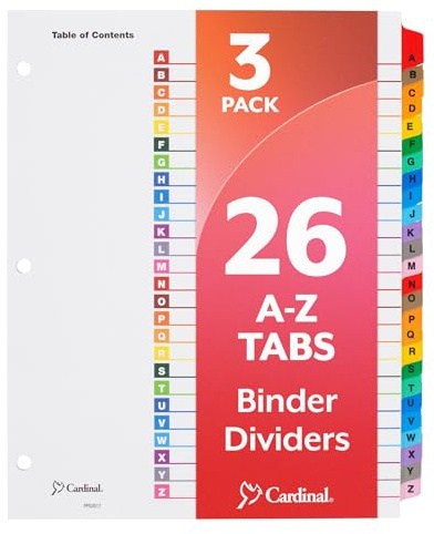 Cardinal Binder Dividers, A-Z Tabs, 3 Pack, Customizable Table of Contents Page, Reversible Multicolor Tabs, 3-Hole Punched for Binders