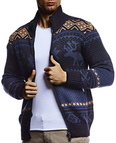 Leif Nelson Veste en tricot avec col montant pour homme - Veste d'hiver chaude - Motif norvégien - Grosse maille