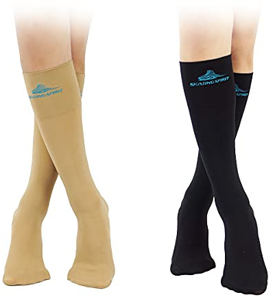 SkatingSpirit Figure Skating Socks (2 Pairs), Knee high, Extra wide cuff band non-slipping (Black)