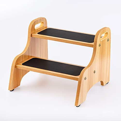 StrongTek Tabouret à 2 marches en Bois pour Enfants avec Surface antidérapante, poignées Portables, Patins antidérapants et capacité de 160 kg, Support Polyvalent et Robuste (Naturel)