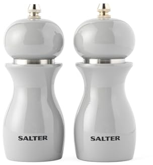 Salter 7613 GYXR Salt & Pepper Grinder Set - Spice Mills, High Gloss Mechanical Seasoning Pots, Twist to Grind, Adjustable Fine to Coarse, Retro, 26g Salt/13g Pepper, Grey Condiment Set, 14cm
