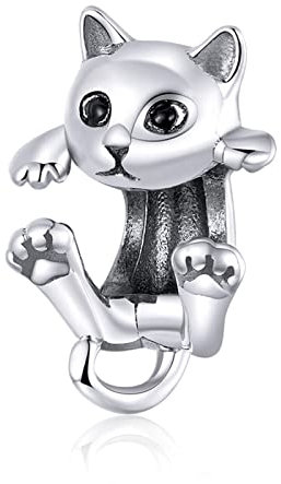 Femmes Pendentif en Forme de Chat Charme, en Argent Sterling 925 avec Émail,Compatible avec les Colliers et Bracelets Pandora & Européen